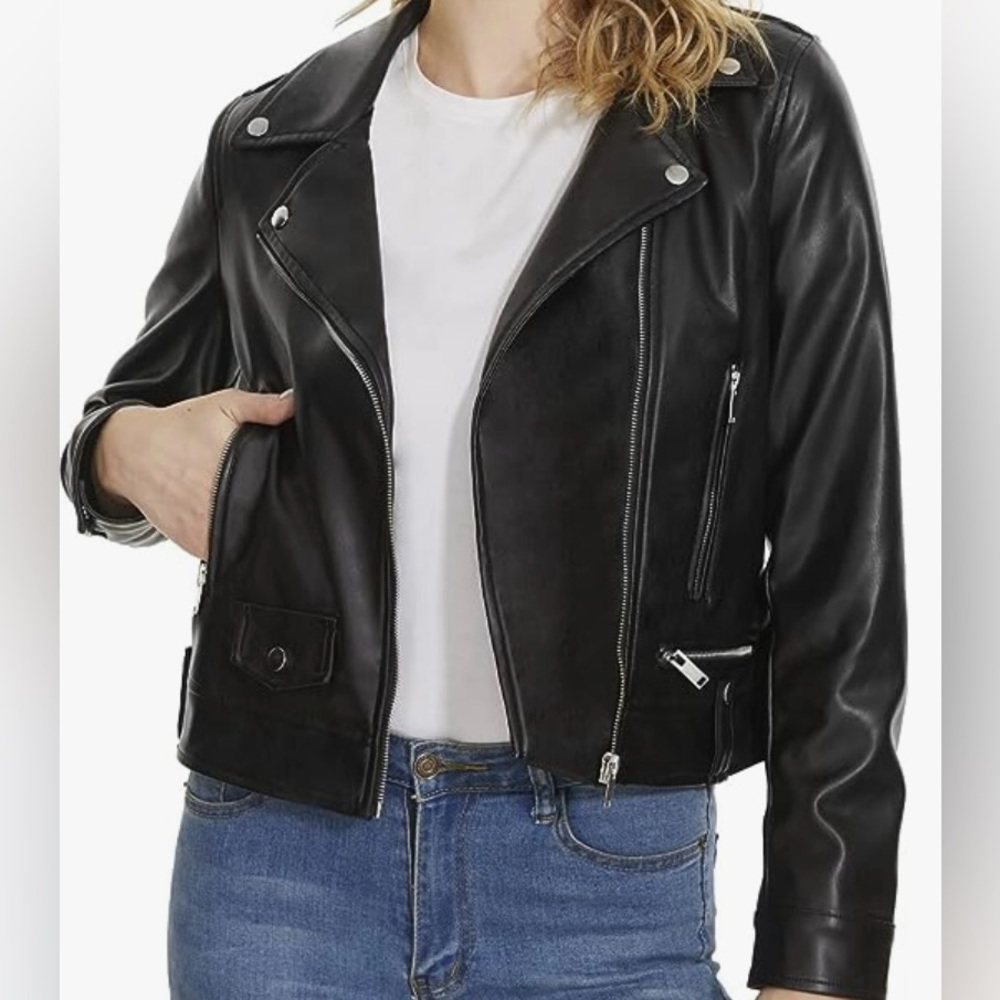 ACCEPTING OFFERS: Stylish black faux leather/moto jacket